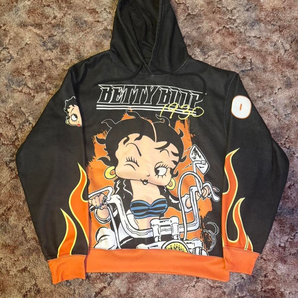 AOP Sick Betty Boop black and orange Flames Biker hoodie Size XL